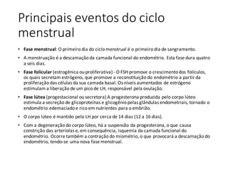 Principais	eventos	do	ciclo	
menstrual
• Fase	menstrual:	O	primeiro	dia	do	ciclo	menstrual	é	o	primeiro	dia	de	sangramento.
• A	menstruação	é	a	descamação da	camada	funcional	do	endométrio.	Esta	fase	dura	quatro	
a	seis	dias.
• Fase	folicular	(estrogênica ou	proliferativa)	- O	FSH	promove	o	crescimento	dos	folículos,	
os	quais	secretam	estrógeno,	que	promove	a	recons€tuição do	endométrio a	partir	da	
proliferação das	células da	sua	camada	basal.	Os	níveis aumentados	de	estrógeno
estimulam	a	liberação de	um	pico	de	LH,	responsável pela	ovulação.
• Fase	lútea (progestacional	ou	secretora)	A	progesterona	produzida	pelo	corpo	lúteo
estimula	a	secreção de	glicoproteínas e	glicogênio pelas	glândulas endometriais,	tornado	o	
endométrio edemaciado	e	rico	em	nutrientes	para	o	embrião.
• O	corpo	lúteo	é	mantido	pelo	LH	por	cerca	de	14	dias	(12	a	16	dias).
• Com	a	degeneração do	corpo	lúteo,	há	a	suspensão da	progesterona,	o	que	causa	
constrição das	arteríolas e,	em	consequência,	isquemia	da	camada	funcional	do	
endométrio.	Ocorre	também a	contração do	miométrio,	o	que	provocará	a	descamação do	
endométrio,	tendo-se	uma	nova	fase	menstrual.
 