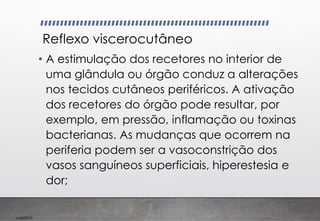 Imp039.00
Reflexo viscerocutâneo
• A estimulação dos recetores no interior de
uma glândula ou órgão conduz a alterações
nos tecidos cutâneos periféricos. A ativação
dos recetores do órgão pode resultar, por
exemplo, em pressão, inflamação ou toxinas
bacterianas. As mudanças que ocorrem na
periferia podem ser a vasoconstrição dos
vasos sanguíneos superficiais, hiperestesia e
dor;
 