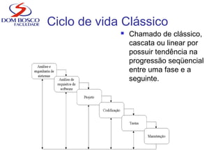 Ciclo de vida Clássico
 Chamado de clássico,
cascata ou linear por
possuir tendência na
progressão seqüencial
entre uma fase e a
seguinte.
 