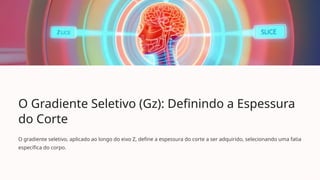 O Gradiente Seletivo (Gz): Definindo a Espessura
do Corte
O gradiente seletivo, aplicado ao longo do eixo Z, define a espessura do corte a ser adquirido, selecionando uma fatia
específica do corpo.
 
