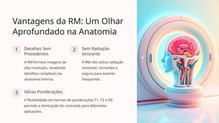 Vantagens da RM: Um Olhar
Aprofundado na Anatomia
1 Detalhes Sem
Precedentes
A RM fornece imagens de
alta resolução, revelando
detalhes complexos da
anatomia interna.
2 Sem Radiação
Ionizante
A RM não utiliza radiação
ionizante, tornando-a
segura para exames
frequentes.
3 Várias Ponderações
A flexibilidade em termos de ponderações T1, T2 e DP
permite a otimização do contraste para diferentes
aplicações.
 