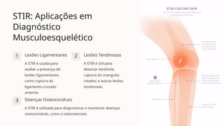 STIR: Aplicações em
Diagnóstico
Musculoesquelético
1 Lesões Ligamentares
A STIR é usada para
avaliar a presença de
lesões ligamentares,
como ruptura do
ligamento cruzado
anterior.
2 Lesões Tendinosas
A STIR é útil para
detectar tendinite,
ruptura do manguito
rotador, e outras lesões
tendinosas.
3 Doenças Osteocondrais
A STIR é utilizada para diagnosticar e monitorar doenças
osteocondrais, como a osteonecrose.
 