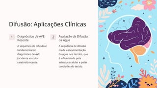 Difusão: Aplicações Clínicas
1 Diagnóstico de AVE
Recente
A sequência de difusão é
fundamental no
diagnóstico de AVE
(acidente vascular
cerebral) recente.
2 Avaliação da Difusão
da Água
A sequência de difusão
mede a movimentação
da água nos tecidos, que
é influenciada pela
estrutura celular e pelas
condições do tecido.
 