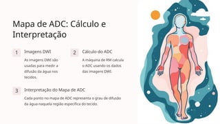 Mapa de ADC: Cálculo e
Interpretação
1 Imagens DWI
As imagens DWI são
usadas para medir a
difusão da água nos
tecidos.
2 Cálculo do ADC
A máquina de RM calcula
o ADC usando os dados
das imagens DWI.
3 Interpretação do Mapa de ADC
Cada ponto no mapa de ADC representa o grau de difusão
da água naquela região específica do tecido.
 