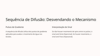 Sequência de Difusão: Desvendando o Mecanismo
Pulsos de Gradiente
A sequência de difusão utiliza dois pulsos de gradiente
aplicados para avaliar o movimento de água nos
tecidos.
Interpretação do Sinal
Se não houver movimento de spins entre os pulsos, o
sinal será forte (hipersinal). Se houver movimento, o
sinal será fraco (hipossinal).
 