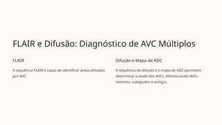 FLAIR e Difusão: Diagnóstico de AVC Múltiplos
FLAIR
A sequência FLAIR é capaz de identificar áreas afetadas
por AVC.
Difusão e Mapa de ADC
A sequência de difusão e o mapa de ADC permitem
determinar a idade dos AVCs, diferenciando AVCs
recentes, subagudos e antigos.
 