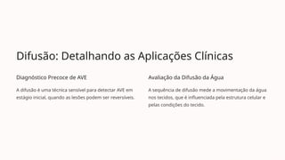 Difusão: Detalhando as Aplicações Clínicas
Diagnóstico Precoce de AVE
A difusão é uma técnica sensível para detectar AVE em
estágio inicial, quando as lesões podem ser reversíveis.
Avaliação da Difusão da Água
A sequência de difusão mede a movimentação da água
nos tecidos, que é influenciada pela estrutura celular e
pelas condições do tecido.
 