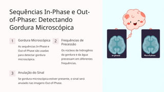 Sequências In-Phase e Out-
of-Phase: Detectando
Gordura Microscópica
1 Gordura Microscópica
As sequências In-Phase e
Out-of-Phase são usadas
para detectar gordura
microscópica.
2 Frequências de
Precessão
Os núcleos de hidrogênio
da gordura e da água
precessam em diferentes
frequências.
3 Anulação do Sinal
Se gordura microscópica estiver presente, o sinal será
anulado nas imagens Out-of-Phase.
 