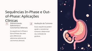 Sequências In-Phase e Out-
of-Phase: Aplicações
Clínicas
1 Diferenciando
Adenomas e
Carcinomas Adrenais
As sequências In-Phase e
Out-of-Phase são úteis
para diferenciar
adenomas adrenais de
carcinomas adrenais.
2 Avaliação de Tumores
Essas sequências podem
ajudar a caracterizar
tumores e determinar
seu conteúdo de
gordura.
 