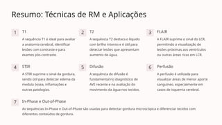 Resumo: Técnicas de RM e Aplicações
1 T1
A sequência T1 é ideal para avaliar
a anatomia cerebral, identificar
lesões com contraste e para
exames pós-contraste.
2 T2
A sequência T2 destaca o líquido
com brilho intenso e é útil para
detectar lesões que apresentam
aumento de água.
3 FLAIR
A FLAIR suprime o sinal do LCR,
permitindo a visualização de
lesões próximas aos ventrículos
ou outras áreas ricas em LCR.
4 STIR
A STIR suprime o sinal da gordura,
sendo útil para detectar edema da
medula óssea, inflamações e
outras patologias.
5 Difusão
A sequência de difusão é
fundamental no diagnóstico de
AVE recente e na avaliação do
movimento da água nos tecidos.
6 Perfusão
A perfusão é utilizada para
visualizar áreas de menor aporte
sanguíneo, especialmente em
casos de isquemia cerebral.
7 In-Phase e Out-of-Phase
As sequências In-Phase e Out-of-Phase são usadas para detectar gordura microscópica e diferenciar tecidos com
diferentes conteúdos de gordura.
 