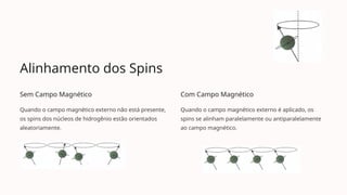 Alinhamento dos Spins
Sem Campo Magnético
Quando o campo magnético externo não está presente,
os spins dos núcleos de hidrogênio estão orientados
aleatoriamente.
Com Campo Magnético
Quando o campo magnético externo é aplicado, os
spins se alinham paralelamente ou antiparalelamente
ao campo magnético.
 