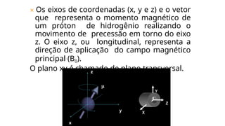✕ Os eixos de coordenadas (x, y e z) e o vetor
que representa o momento magnético de
um próton de hidrogênio realizando o
movimento de precessão em torno do eixo
z. O eixo z, ou longitudinal, representa a
direção de aplicação do campo magnético
principal (B0).
O plano xy é chamado de plano transversal.
 