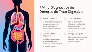 RM no Diagnóstico de
Doenças do Trato Digestivo
Doença de Crohn
A RM ajuda a diagnosticar e
monitorar a doença de
Crohn, mostrando a
inflamação e as alterações
no intestino.
Colite Ulcerativa
A RM pode detectar a
inflamação e as ulcerações
no intestino grosso,
sintomas comuns da colite
ulcerativa.
Tumores do Trato
Digestivo
A RM é útil para detectar
tumores no esôfago,
estômago, intestino delgado
e intestino grosso.
Doenças do Fígado
A RM pode detectar doenças
do fígado, como cirrose,
esteatose hepática e
tumores.
 