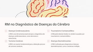 RM no Diagnóstico de Doenças do Cérebro
Doenças Cerebrovasculares
A RM é uma ferramenta essencial para o diagnóstico de
doenças cerebrovasculares, como derrames e
aneurismas.
Traumatismo Cranioencefálico
A RM pode detectar lesões no cérebro causadas por
traumatismo cranioencefálico.
Tumores Cerebrais
A RM é um exame fundamental para a detecção precoce
de tumores cerebrais.
Doenças Desmielinizantes
A RM é utilizada para diagnosticar doenças
desmielinizantes, como a esclerose múltipla.
 