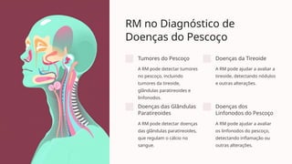 RM no Diagnóstico de
Doenças do Pescoço
Tumores do Pescoço
A RM pode detectar tumores
no pescoço, incluindo
tumores da tireoide,
glândulas paratireoides e
linfonodos.
Doenças da Tireoide
A RM pode ajudar a avaliar a
tireoide, detectando nódulos
e outras alterações.
Doenças das Glândulas
Paratireoides
A RM pode detectar doenças
das glândulas paratireoides,
que regulam o cálcio no
sangue.
Doenças dos
Linfonodos do Pescoço
A RM pode ajudar a avaliar
os linfonodos do pescoço,
detectando inflamação ou
outras alterações.
 