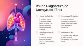 RM no Diagnóstico de
Doenças do Tórax
Câncer de Pulmão
A RM é um exame
importante para a
detecção precoce do
câncer de pulmão,
especialmente em
fumantes.
Doenças do Mediastino
A RM pode detectar
doenças no mediastino, a
região entre os pulmões,
como tumores e
inflamação.
Doenças da Parede
Torácica
A RM pode detectar
doenças da parede
torácica, como tumores e
infecções.
Doenças do Timo
A RM pode ajudar a avaliar
o timo, um órgão
imunológico localizado no
tórax.
 