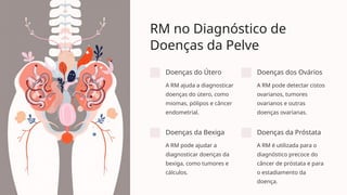 RM no Diagnóstico de
Doenças da Pelve
Doenças do Útero
A RM ajuda a diagnosticar
doenças do útero, como
miomas, pólipos e câncer
endometrial.
Doenças dos Ovários
A RM pode detectar cistos
ovarianos, tumores
ovarianos e outras
doenças ovarianas.
Doenças da Bexiga
A RM pode ajudar a
diagnosticar doenças da
bexiga, como tumores e
cálculos.
Doenças da Próstata
A RM é utilizada para o
diagnóstico precoce do
câncer de próstata e para
o estadiamento da
doença.
 