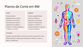 Planos de Corte em RM
Axial
O plano axial é
perpendicular à coluna
vertebral, como fatias
horizontais do corpo. É
usado para visualizar o
cérebro, a medula espinhal,
o abdome e outras
estruturas.
Sagital
O plano sagital divide o
corpo em direita e
esquerda, como fatias
verticais. É usado para
visualizar o cérebro, a
medula espinhal, o crânio e
a coluna vertebral.
Coronal
O plano coronal divide o corpo em anterior e posterior, como
fatias frontais. É usado para visualizar o cérebro, o rosto, o
peito e o abdômen.
 