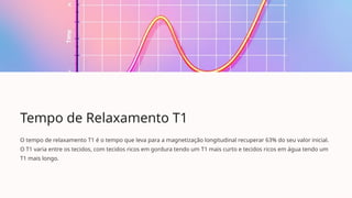 Tempo de Relaxamento T1
O tempo de relaxamento T1 é o tempo que leva para a magnetização longitudinal recuperar 63% do seu valor inicial.
O T1 varia entre os tecidos, com tecidos ricos em gordura tendo um T1 mais curto e tecidos ricos em água tendo um
T1 mais longo.
 