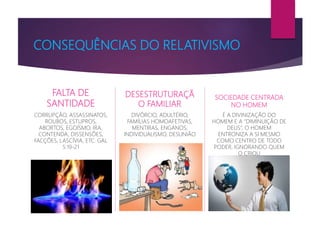 CONSEQUÊNCIAS DO RELATIVISMO
FALTA DE
SANTIDADE
DESESTRUTURAÇÃ
O FAMILIAR
SOCIEDADE CENTRADA
NO HOMEM
É A DIVINIZAÇÃO DO
HOMEM E A “DIMINUIÇÃO DE
DEUS”, O HOMEM
ENTRONIZA A SI MESMO
COMO CENTRO DE TODO
PODER, IGNORANDO QUEM
O CRIOU
CORRUPÇÃO, ASSASSINATOS,
ROUBOS, ESTUPROS,
ABORTOS, EGOÍSMO, IRA,
CONTENDA, DISSENSÕES,
FACÇÕES, LASCÍVIA, ETC. GAL
5:19-21
DIVÓRCIO, ADULTÉRIO,
FAMÍLIAS HOMOAFETIVAS,
MENTIRAS, ENGANOS,
INDIVIDUALISMO, DESUNIÃO
 