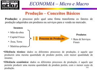 ECONOMIA – Micro e Macro
161
Produção – Conceitos Básicos
Produção: o processo pelo qual uma firma transforma os fatores de
produção adquiridos em produtos ou serviços para a venda no mercado.
Insumos
• Mão-de-obra
• Capital Físico
• Área, Terra
• Matérias-primas
Processo de Produção
Produtos
• Bens & Serviços
Finais
•Eficiência técnica: dados os diferentes processos de produção, é aquele que
produzirá uma mesma quantidade de produto porém, com menor quantidade de
insumo;
•Eficiência econômica: dados os diferentes processos de produção, é aquele que
permite produzir uma mesma quantidade de produto porém, com o menor custo de
produção.
 
