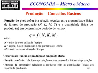 ECONOMIA – Micro e Macro
162
Função de produção: é a relação técnica entre a quantidade física
de fatores de produção (N, K, M, T) e a quantidade física do
produto (q) em determinado período de tempo.
Produção – Conceitos Básicos
( ), ,q f N K M=
onde:
N = mão-de-obra utilizada / tempo
K = capital físico (máquinas e equipamentos) / tempo
M = matéria-prima utilizada / tempo
Observação: função de produçãofunção de produção ≠≠ função de ofertafunção de oferta
•Função de oferta: relaciona a produção com os preços dos fatores de produção.
•Função de produção: relaciona a produção com as quantidades físicas dos
fatores de produção.
 