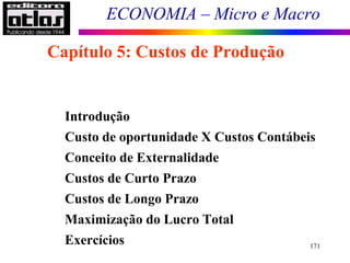 ECONOMIA – Micro e Macro
171
Capítulo 5: Custos de Produção
Introdução
Custo de oportunidade X Custos Contábeis
Conceito de Externalidade
Custos de Curto Prazo
Custos de Longo Prazo
Maximização do Lucro Total
Exercícios
 