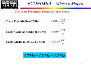 ECONOMIA – Micro e Macro
175
Custo Fixo Médio (CFMe):
Custo Variável Médio (CVMe):
Custo Médio (CMe ou CTMe):
CTMe = CVMe + CFMe
Custos de Produção: Custos a Curto Prazo
CFT
CFMe
q
=
CVT
CVMe
q
=
CT
CTMe
q
=
 