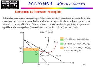 ECONOMIA – Micro e Macro
194
Diferentemente da concorrência perfeita, como existem barreiras à entrada de novas
empresas, os lucros extraordinários devem persistir também a longo prazo em
mercados monopolizados. Porém, como em concorrência perfeita, o ponto de
equilíbrio do monopolista (ponto de maximização do lucro), ocorre onde:
RMg = CMg
Estruturas de Mercado: Monopólio
($)
q
CMg
CMe
D RMe=
0q RMg
0CMe
0RMe
RMg CMg=
B
A
0 0. 0. . .RT RMe q área RMe A q= =
0 0 0 0. 0. . .CT CMe q área CMe B q= =
( )0 0 0
0 0. . .
LT RT CT RMe CMe q
áreaCMe RMe A B
= − = −
=
0
 
