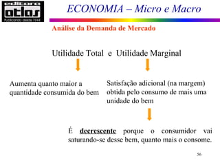 ECONOMIA – Micro e Macro
56
Utilidade Total e Utilidade Marginal
Aumenta quanto maior a
quantidade consumida do bem
Satisfação adicional (na margem)
obtida pelo consumo de mais uma
unidade do bem
É decrescente porque o consumidor vai
saturando-se desse bem, quanto mais o consome.
Análise da Demanda de Mercado
 