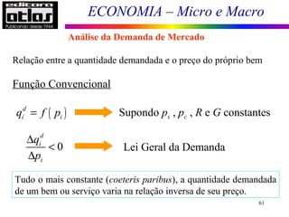 ECONOMIA – Micro e Macro
61
Relação entre a quantidade demandada e o preço do próprio bem
Supondo ps , pc , R e G constantes
Função Convencional
Lei Geral da Demanda
Tudo o mais constante (coeteris paribus), a quantidade demandada
de um bem ou serviço varia na relação inversa de seu preço.
0
d
i
i
q
p
∆
<
∆
( )d
i iq f p=
Análise da Demanda de Mercado
 