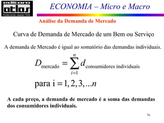 ECONOMIA – Micro e Macro
76
Curva de Demanda de Mercado de um Bem ou Serviço
A demanda de Mercado é igual ao somatório das demandas individuais.
A cada preço, a demanda de mercado é a soma das demandas
dos consumidores individuais.
mercado consumidores individuais
1
para i 1,2,3,...
n
i
D d
n
=
=
=
∑
Análise da Demanda de Mercado
 