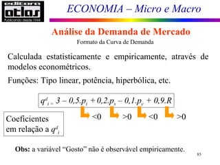 ECONOMIA – Micro e Macro
85
Formato da Curva de Demanda
Calculada estatisticamente e empiricamente, através de
modelos econométricos.
Funções: Tipo linear, potência, hiperbólica, etc.
qd
i = 3 – 0,5.pi +0,2.ps – 0,1.pc + 0,9.R
Coeficientes
em relação a qd
i
<0 >0 <0 >0
Obs: a variável “Gosto” não é observável empiricamente.
Análise da Demanda de Mercado
 