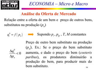 ECONOMIA – Micro e Macro
94
Análise da Oferta de Mercado
Relação entre a oferta de um bem e preço de outros bens,
substitutos na produção (pn)
Supondo pi , pfp , T, M constantes
Preço de outro bem substituto na produção
(pn). Ex.: Se o preço do bem substituto
aumenta, e dado o preço do bem (coeteris
paribus), os produtores diminuirão a
produção do bem, para produzir mais do
bem substituto.
( )0
i nq f p=
0
0i
n
q
p
∆
<
∆
 