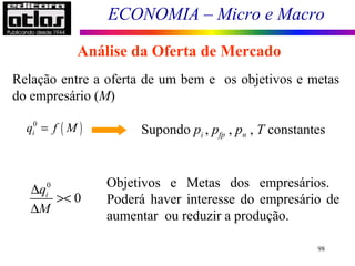 ECONOMIA – Micro e Macro
98
Análise da Oferta de Mercado
Relação entre a oferta de um bem e os objetivos e metas
do empresário (M)
Supondo pi , pfp , pn , T constantes
Objetivos e Metas dos empresários.
Poderá haver interesse do empresário de
aumentar ou reduzir a produção.
( )0
iq f M=
0
0iq
M
∆
><
∆
 