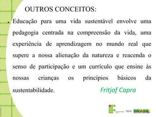 OUTROS CONCEITOS:
●   Educação para uma vida sustentável envolve uma
    pedagogia centrada na compreensão da vida, uma
    experiência de aprendizagem no mundo real que
    supere a nossa alienação da natureza e reacenda o
    senso de participação e um currículo que ensine às
    nossas    crianças   os   princípios   básicos   da
    sustentabilidade.               Fritjof Capra
 