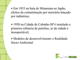 • Em 1953 na baía de Minamata no Japão,
efeitos da contaminação por mercúrio lançado
por indústrias;

• 1950 na Cidade de Cubatão-SP é instalado a
primeira refinaria de petróleo, ar da cidade é
inssuportável;
• Modelos de desenvolvimento x Realidade
Sócio-Ambiental
 