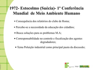 1972- Estocolmo (Suécia)- 1º Conferência
  Mundial de Meio Ambiente Humano
  • Consequência dos relatórios do clube de Roma;

  • Percebe-se a necessidade da educação dos cidadãos;

  • Busca soluções para os problemas M.A;
  • Corresponsabilidade no controle e fiscalização dos agentes
                        degradadores;
   • Tema Poluição industrial como principal pauta da discussão;
 