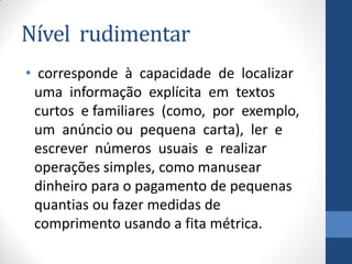 Nível rudimentar
• corresponde à capacidade de localizar
uma informação explícita em textos
curtos e familiares (como, por exemplo,
um anúncio ou pequena carta), ler e
escrever números usuais e realizar
operações simples, como manusear
dinheiro para o pagamento de pequenas
quantias ou fazer medidas de
comprimento usando a fita métrica.

 