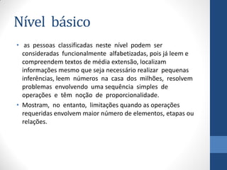 Nível básico
• as pessoas classificadas neste nível podem ser
consideradas funcionalmente alfabetizadas, pois já leem e
compreendem textos de média extensão, localizam
informações mesmo que seja necessário realizar pequenas
inferências, leem números na casa dos milhões, resolvem
problemas envolvendo uma sequência simples de
operações e têm noção de proporcionalidade.
• Mostram, no entanto, limitações quando as operações
requeridas envolvem maior número de elementos, etapas ou
relações.

 