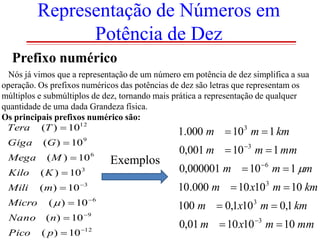 Representação de Números em
Potência de Dez
Prefixo numérico
Nós já vimos que a representação de um número em potência de dez simplifica a sua
operação. Os prefixos numéricos das potências de dez são letras que representam os
múltiplos e submúltiplos de dez, tornando mais prática a representação de qualquer
quantidade de uma dada Grandeza física.
Os principais prefixos numérico são:
3
Tera (T )  1012

Giga
Mega

(G )  10 9
( M )  10 6

Kilo

( K )  10

Mili

( m)  10 3

Micro

1.000 m  10 m  1 km

3

(  )  10  6

Nano

( n)  10 9

Pico

( p )  10 12

Exemplos

0,001 m  10 3 m  1 mm
0,000001 m  10 6 m  1 m
10.000 m  10 x10 3 m  10 km
100 m  0,1x10 3 m  0,1 km
0,01 m  10 x10 3 m  10 mm

 