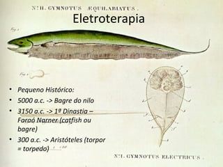 Eletroterapia
• Pequeno Histórico:
• 5000 a.c. -> Bagre do nilo
• 3150 a.c. -> 1ª Dinastia –
Faraó Narner (catfish ou
bagre)
• 300 a.c. -> Aristóteles (torpor
= torpedo)
 