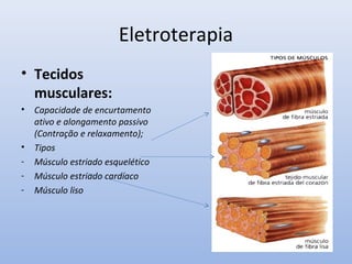 Eletroterapia
• Tecidos
musculares:
• Capacidade de encurtamento
ativo e alongamento passivo
(Contração e relaxamento);
• Tipos
- Músculo estriado esquelético
- Músculo estriado cardíaco
- Músculo liso
 