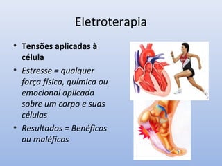 Eletroterapia
• Tensões aplicadas à
célula
• Estresse = qualquer
força física, química ou
emocional aplicada
sobre um corpo e suas
células
• Resultados = Benéficos
ou maléficos
 