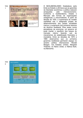 Slide   C) Neoliberalismo                                            O NEOLIBERALISMO: Estabelecia certo
7       • Doutrina política e econômica pregada a partir da década
                                                                     limite ao Estado e afirmava que as garantias
          de 1970, que defende a mínima participação estatal nos     da liberdade econômica e política estavam
          rumos da economia de um país.
                                                                     ameaçadas         pelo      intervencionismo.
        - Os agentes de mercado são capazes de promover o            Conforme o neoliberalismo, Estado e
          desenvolvimento socioeconômico;
                                                                     Mercado são formas de organizações
        - Estado mínimo (não interfere na economia), responsável     antagônicas e irreconciliáveis. A partir da
          apenas pelos serviços básicos.
                                                                     década de 1970, a supremacia do modelo
                                                                     capitalista sob o estagnado projeto de
                                                                     desenvolvimento dos países socialistas
                                                                     marcou o surgimento dos primeiros teóricos
                                                                     da doutrina neoliberal. Para esses novos
                                                                     pensadores da economia, um governo só
                                                                     pode manter o equilíbrio dos preços do
                                                                     mercado      interno    fazendo     uso    de
                                                                     mecanismos de estabilização financeira e
                                                                     monetária. Entre as décadas de 1970 e
                                                                     1980 observamos que os primeiros
                                                                     governos neoliberais ganharam espaço no
                                                                     cenário político internacional. Ronald
                                                                     Reagan, nos Estados Unidos; Margaret
                                                                     Thatcher, no Reino Unido; e Helmut Kohl,
                                                                     na Alemanha.




Slide
8
 