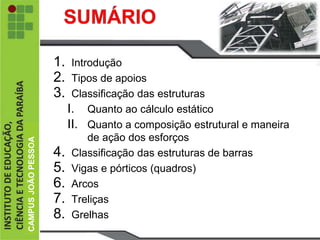 CAMPUS
JOÃO
PESSOA
1. Introdução
2. Tipos de apoios
3. Classificação das estruturas
I. Quanto ao cálculo estático
II. Quanto a composição estrutural e maneira
de ação dos esforços
4. Classificação das estruturas de barras
5. Vigas e pórticos (quadros)
6. Arcos
7. Treliças
8. Grelhas
CAMPUS
JOÃO
PESSOA
 