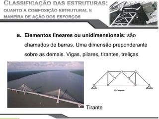 CAMPUS
JOÃO
PESSOA
a. Elementos lineares ou unidimensionais: são
chamados de barras. Uma dimensão preponderante
sobre as demais. Vigas, pilares, tirantes, treliças.
Tirante
 