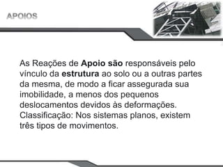 As Reações de Apoio são responsáveis pelo
vínculo da estrutura ao solo ou a outras partes
da mesma, de modo a ficar assegurada sua
imobilidade, a menos dos pequenos
deslocamentos devidos às deformações.
Classificação: Nos sistemas planos, existem
três tipos de movimentos.
 