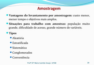 Amostragem
Vantagens do levantamento por amostragem: custo menor,
menor tempo e objetivos mais amplos.
Situações para trabalho com amostras: população muito
grande, dificuldade de acesso, grande número de variáveis.
Tipos
Aleatória
Estratificada
Sistemática
Conglomerados
Conveniência
Profª Drª Maria Ivanilde Araujo- UFAM 20
 