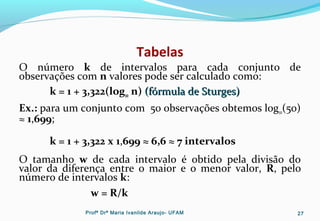 Tabelas
O número k de intervalos para cada conjunto de
observações com n valores pode ser calculado como:
k = 1 + 3,322(log10 n) (fórmula de Sturges)(fórmula de Sturges)
Ex.: para um conjunto com 50 observações obtemos log10(50)
≈ 1,699;
k = 1 + 3,322 x 1,699 ≈ 6,6 ≈ 7 intervalos
O tamanho w de cada intervalo é obtido pela divisão do
valor da diferença entre o maior e o menor valor, R, pelo
número de intervalos k:
w = R/k
Profª Drª Maria Ivanilde Araujo- UFAM 27
 